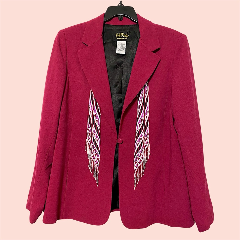 Bob Mackie Wearable Art Magenta Single-Button Blazer w Embroidery & Beading